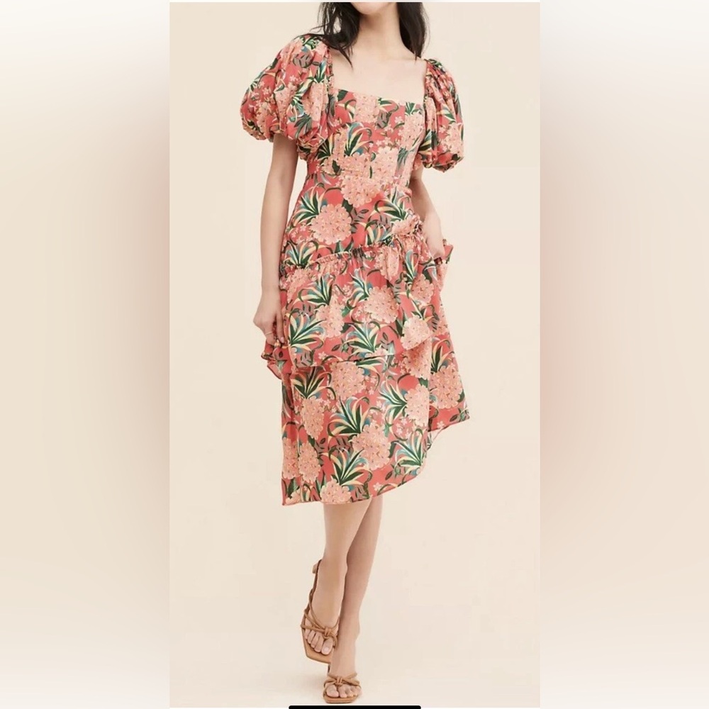 FARM Rio Sz Small Orange Pineapple Print Short Puff Sleeves Midi Dress
